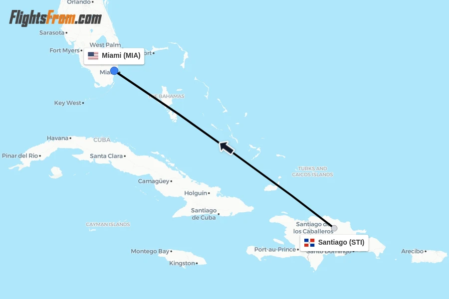 Flights from Santiago to Miami route map