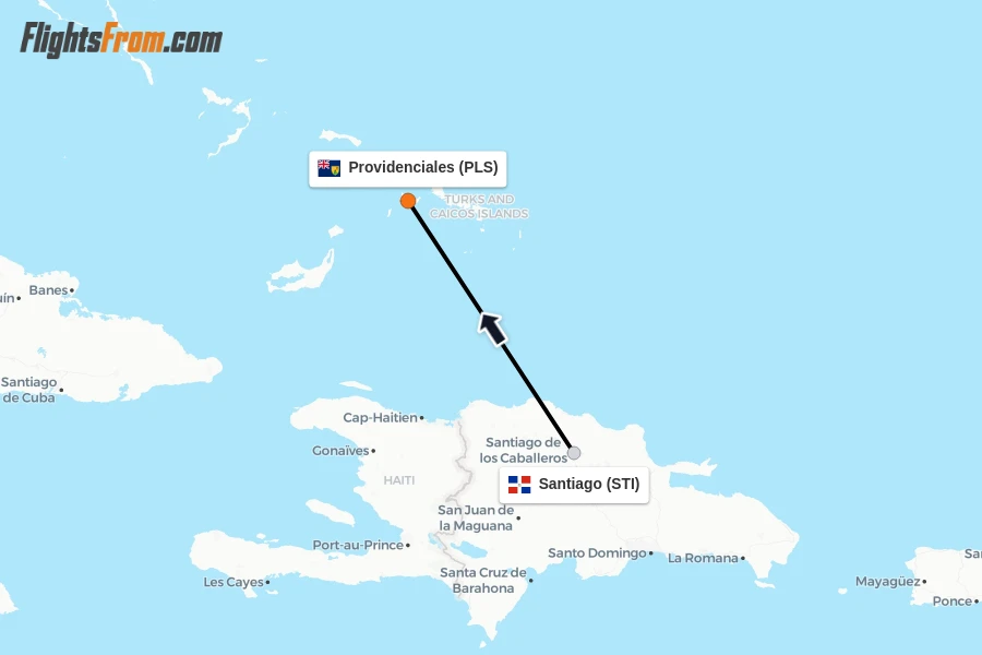 Flights from Santiago to Providenciales route map