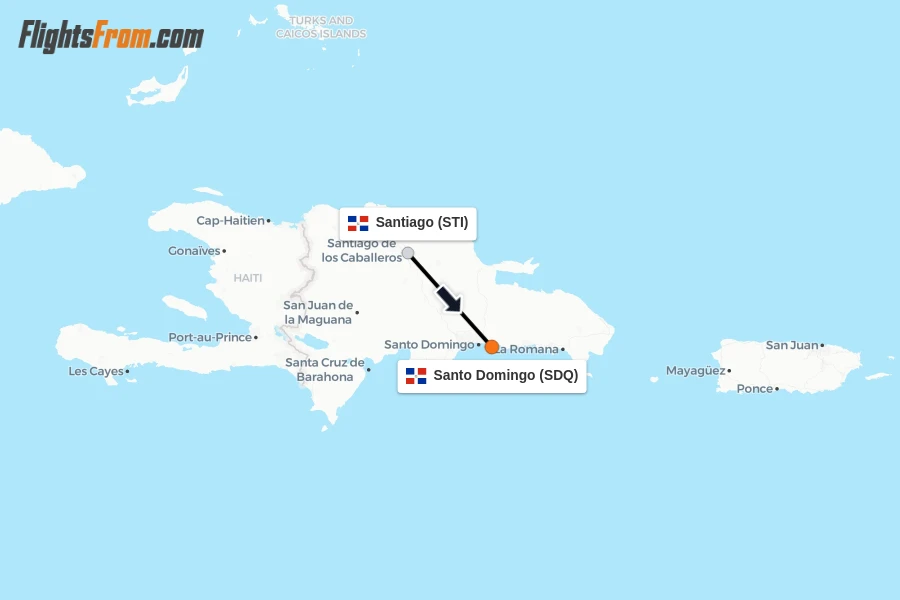 Flights from Santiago to Santo Domingo route map