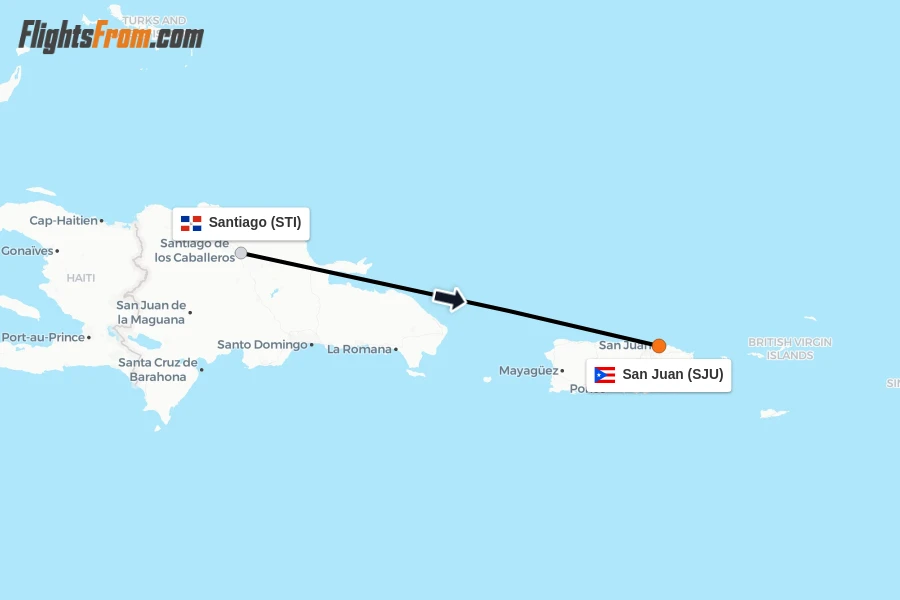 Flights from Santiago to San Juan route map