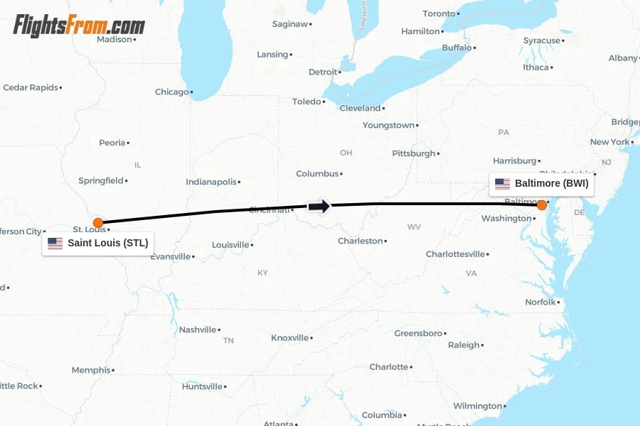 Flights from Saint Louis to Baltimore route map