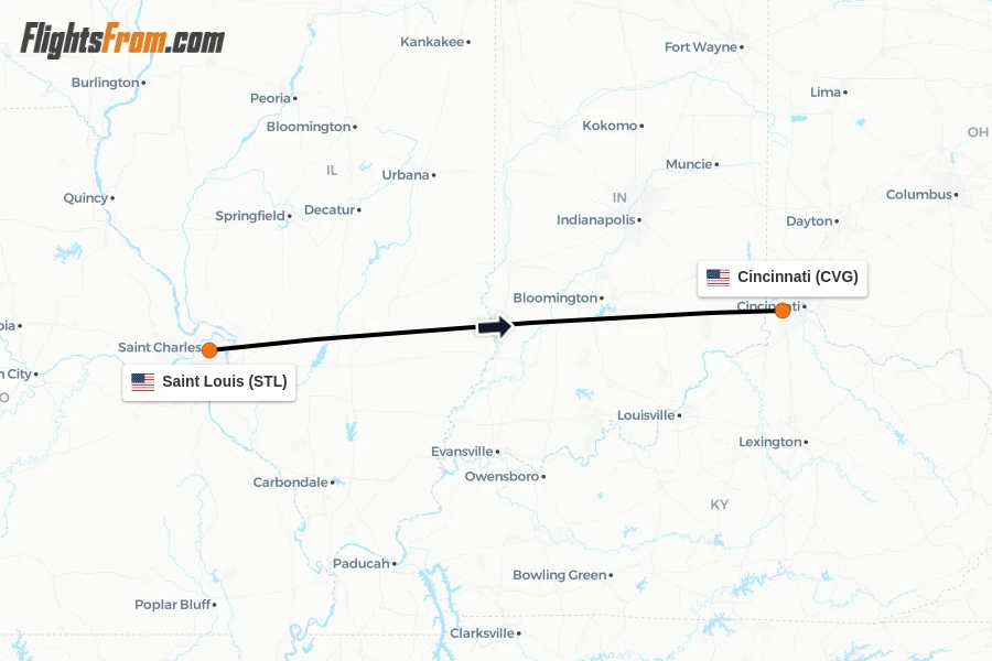 Flights from Saint Louis to Cincinnati route map