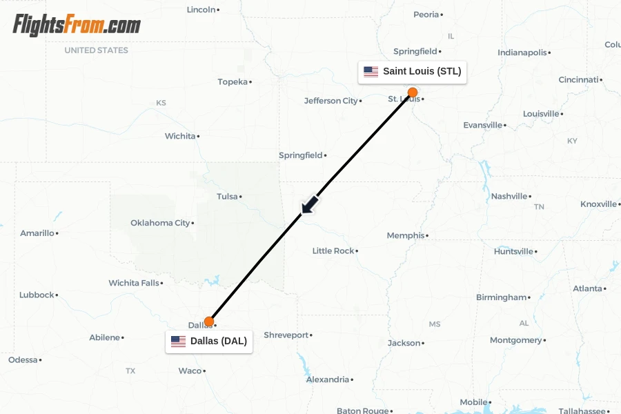Flights from Saint Louis to Dallas route map