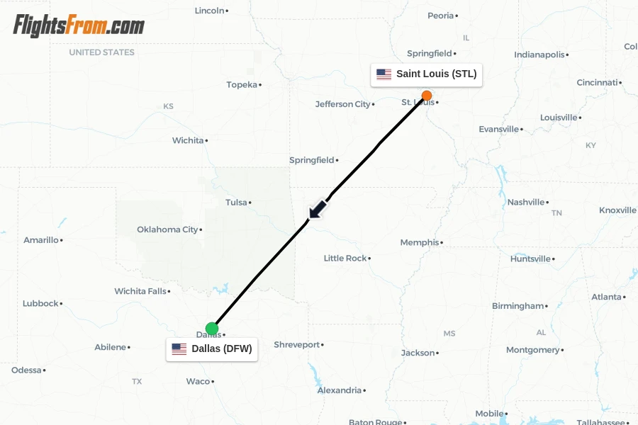 Flights from Saint Louis to Dallas route map
