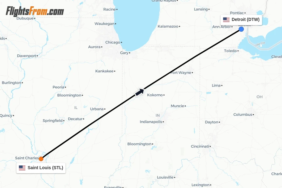 Flights from Saint Louis to Detroit route map