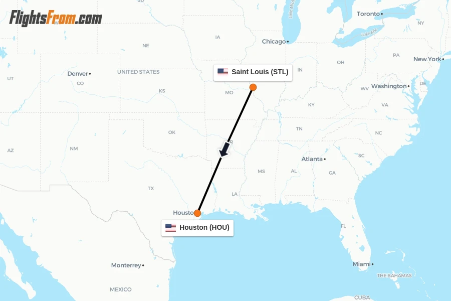 Flights from Saint Louis to Houston route map