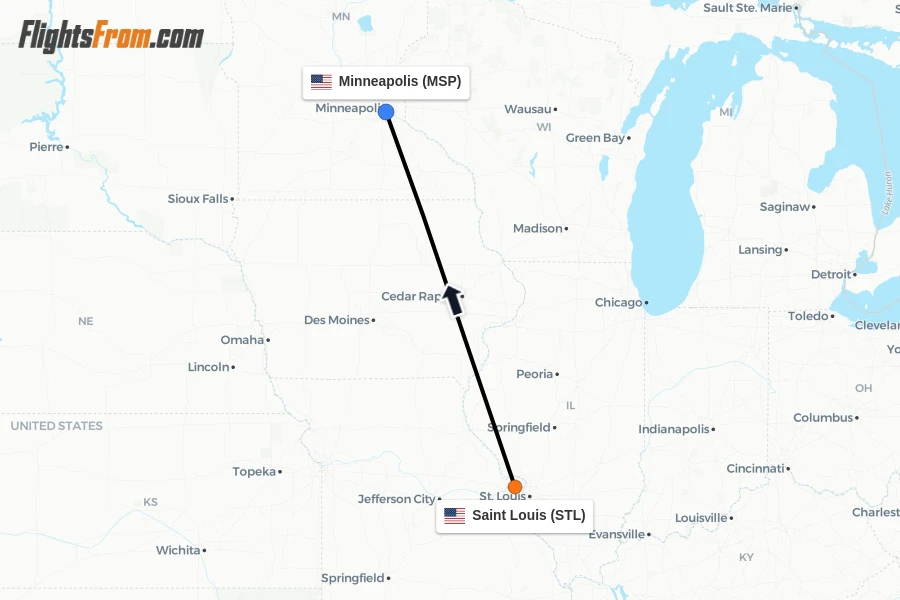 Flights from Saint Louis to Minneapolis route map