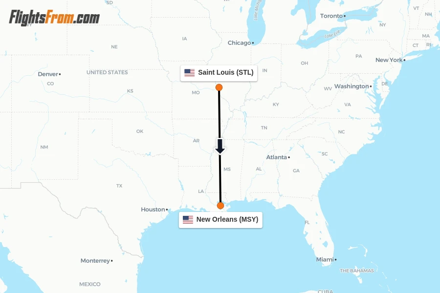 Flights from Saint Louis to New Orleans route map