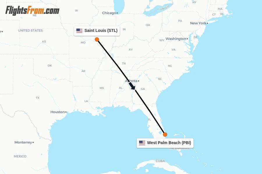 Flights from Saint Louis to West Palm Beach route map