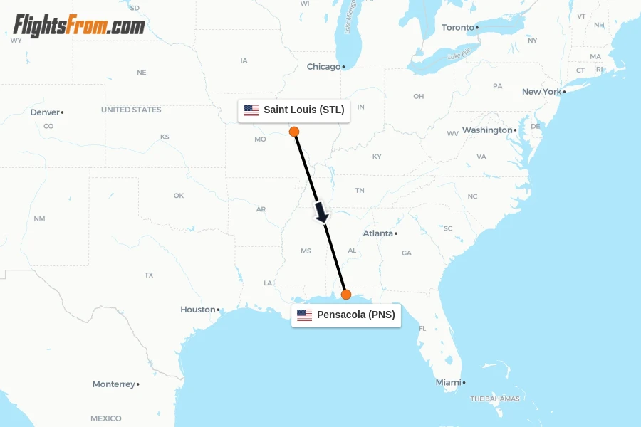Flights from Saint Louis to Pensacola route map