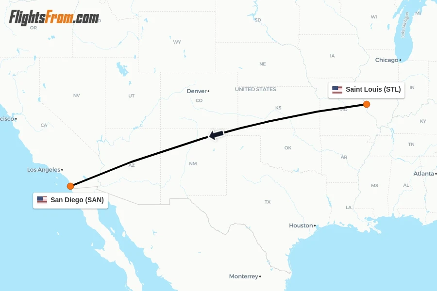 Flights from Saint Louis to San Diego route map