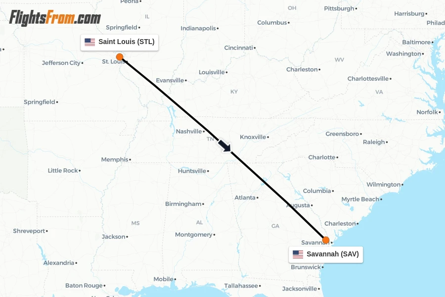 Flights from Saint Louis to Savannah route map