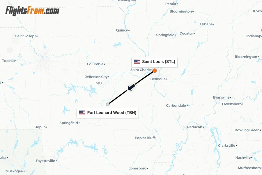 Flights from Saint Louis to Fort Leonard Wood route map