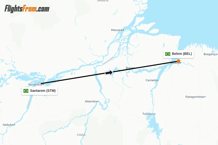 Flights from Santarem to Belem route map