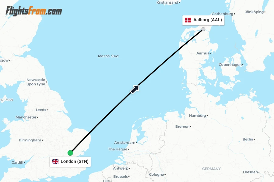 Flights from London to Aalborg route map