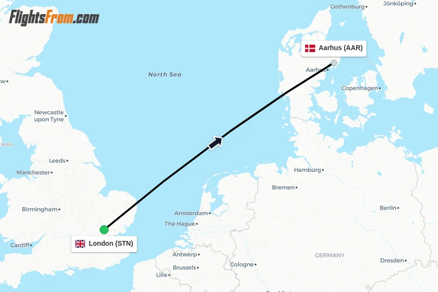 Flights from London to Aarhus route map