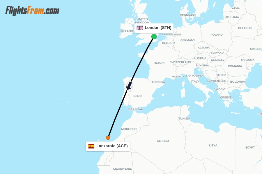 Flights from London to Lanzarote route map