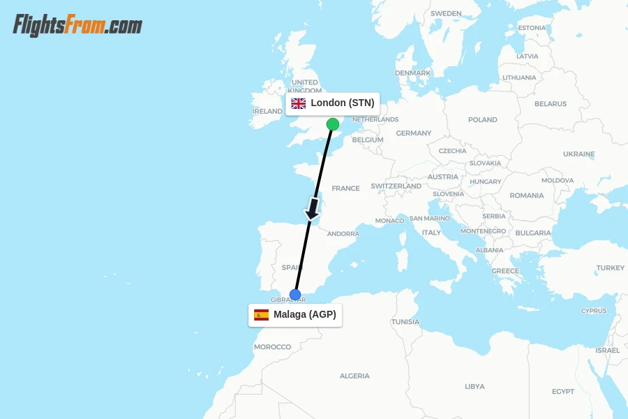 Flights from London to Malaga route map