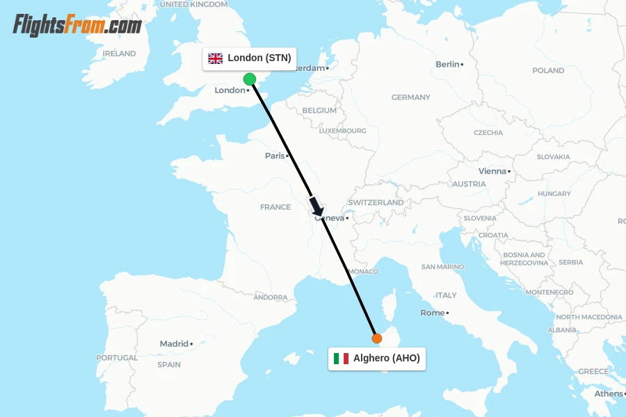 Flights from London to Alghero route map