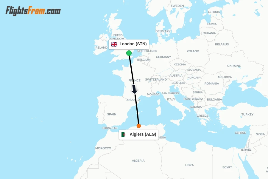 Flights from London to Algiers route map