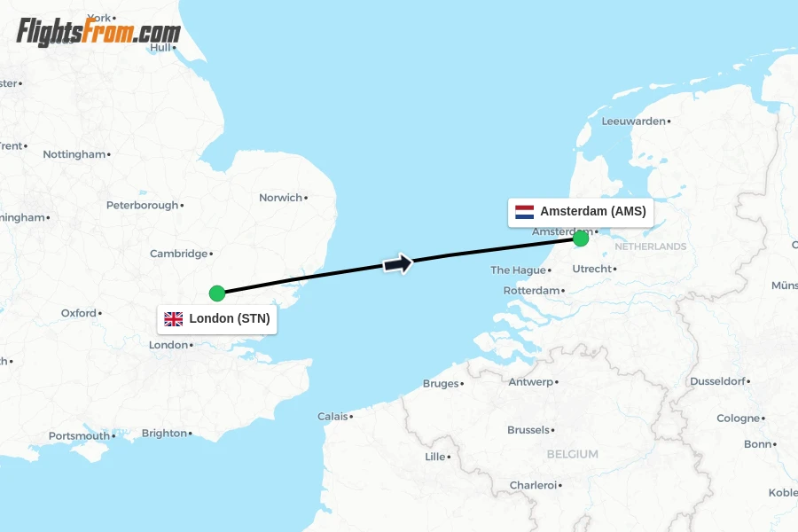 Flights from London to Amsterdam route map
