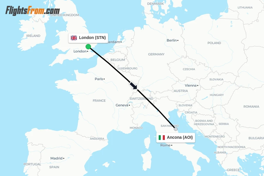 Flights from London to Ancona route map