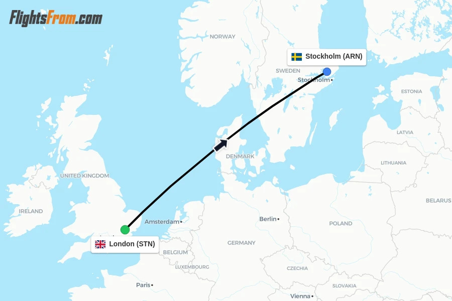 Flights from London to Stockholm route map