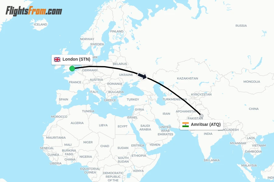 Flights from London to Amritsar route map