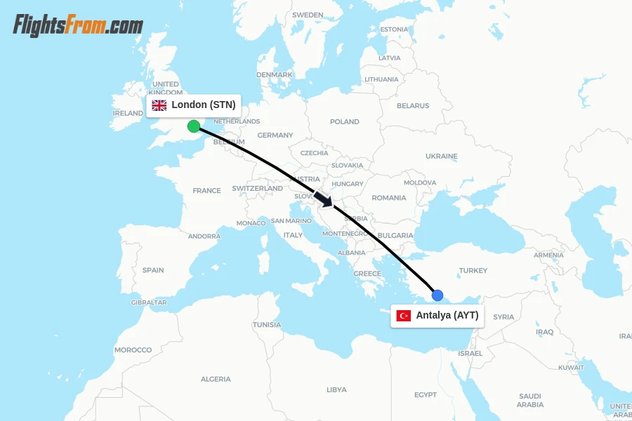 Flights from London to Antalya route map