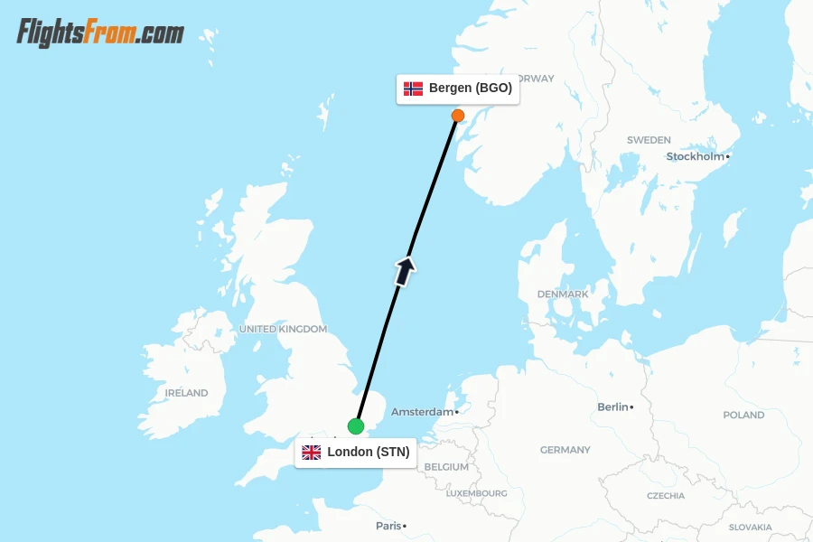 Flights from London to Bergen route map