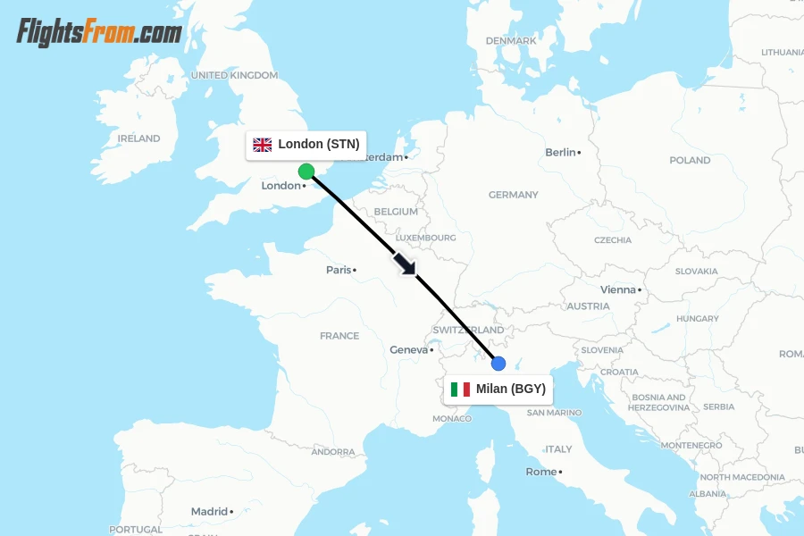 Flights from London to Milan route map