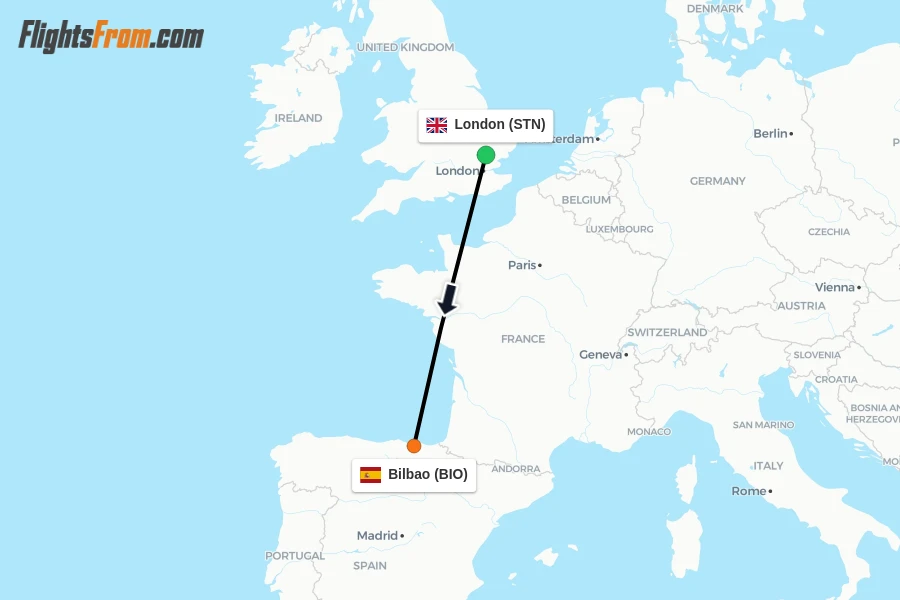 Flights from London to Bilbao route map