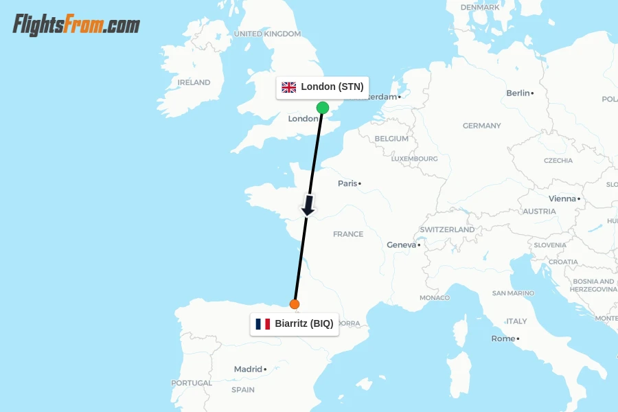 Flights from London to Biarritz route map