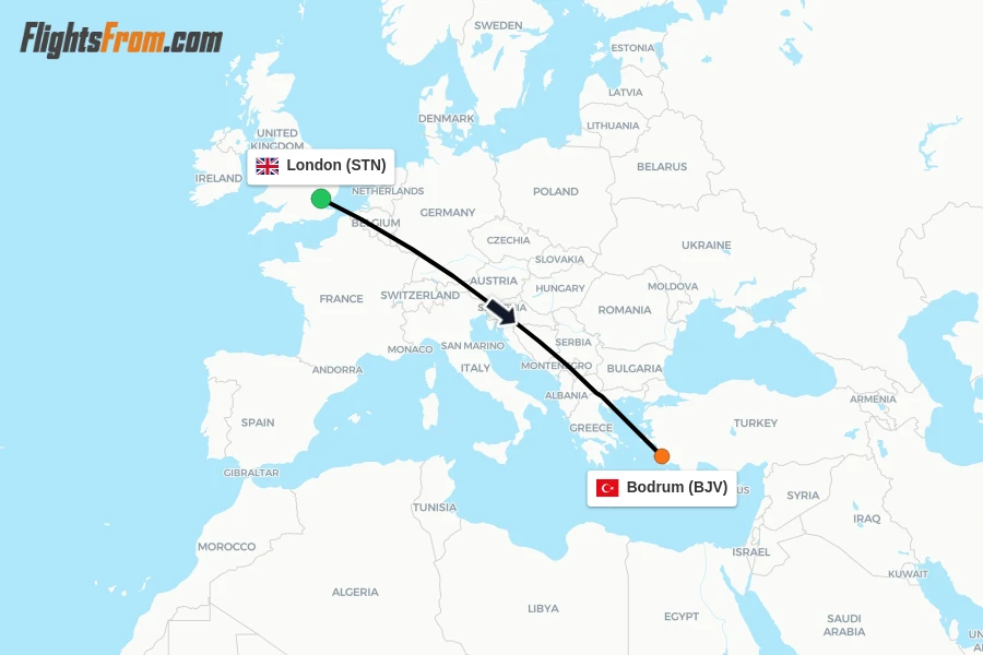 Flights from London to Bodrum route map