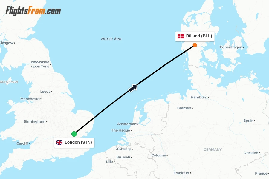 Flights from London to Billund route map