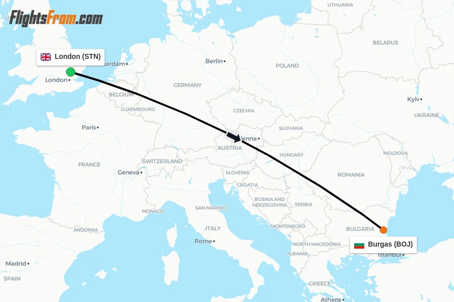 Flights from London to Burgas route map