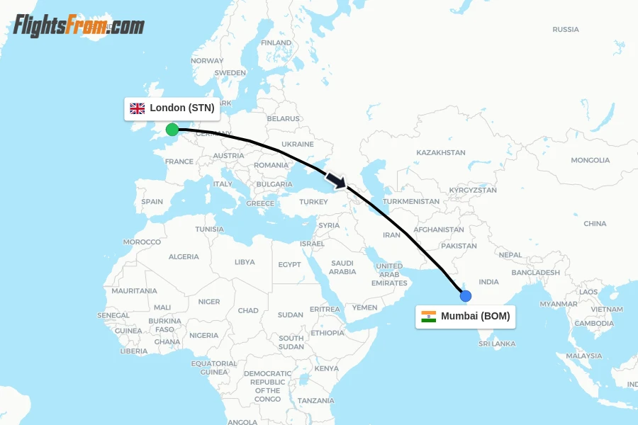 Flights from London to Mumbai route map
