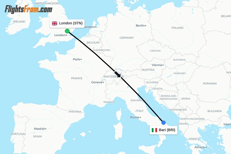 Flights from London to Bari route map