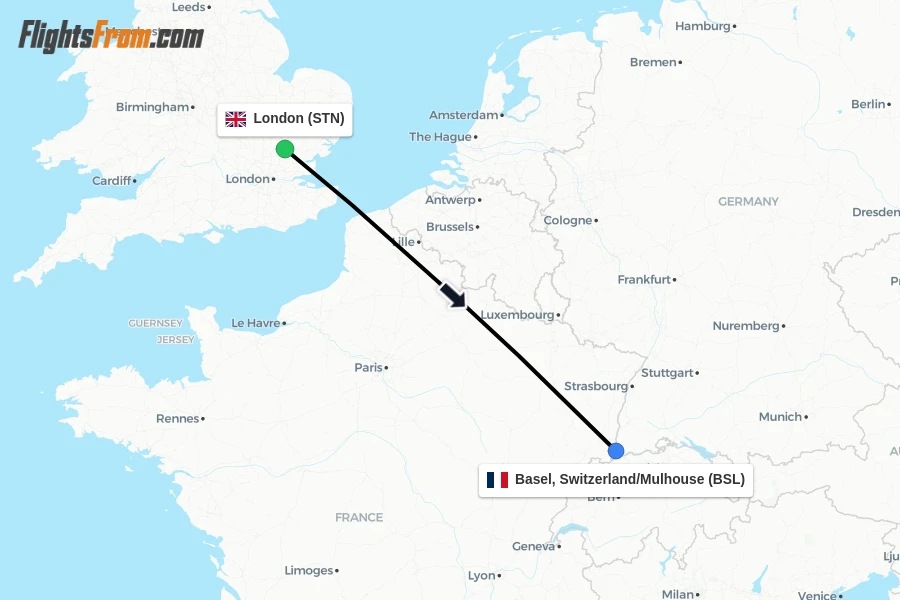 Flights from London to Basel, Switzerland/Mulhouse route map