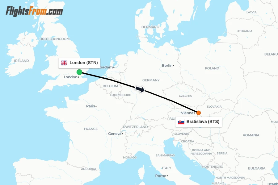 Flights from London to Bratislava route map
