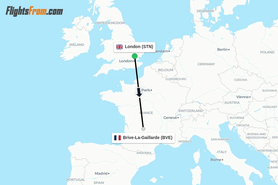 Flights from London to Brive-La-Gaillarde route map