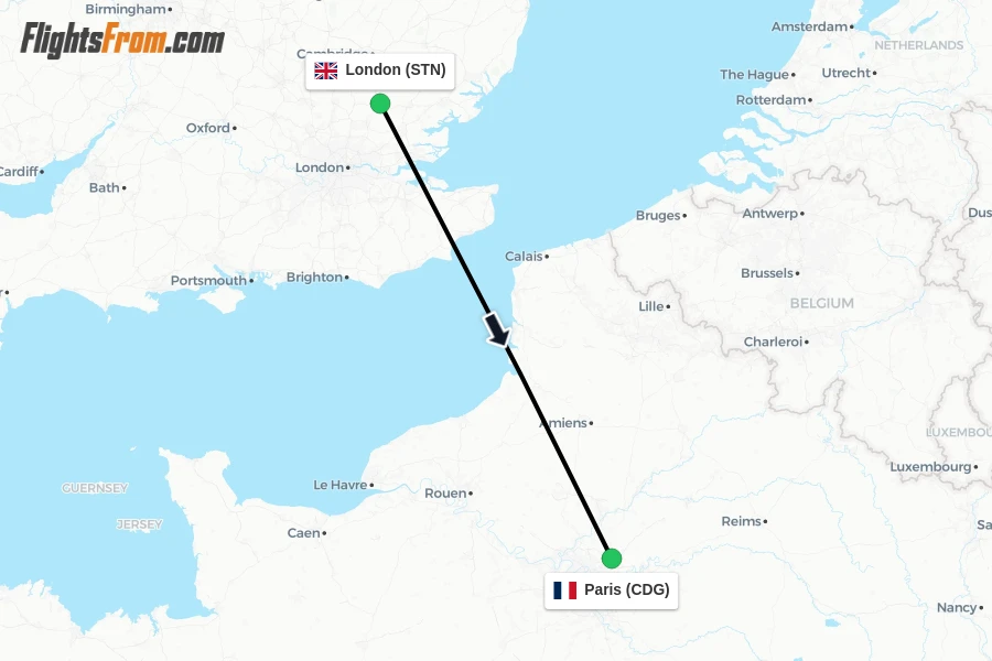 Flights from London to Paris route map