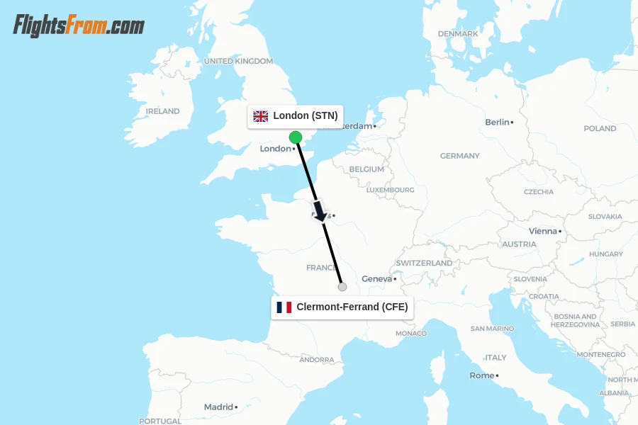 Flights from London to Clermont-Ferrand route map