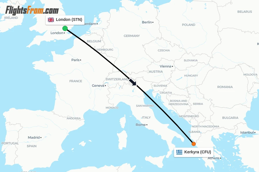 Flights from London to Kerkyra route map