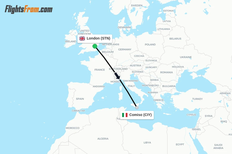 Flights from London to Comiso route map