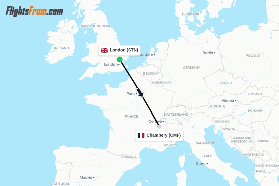 Flights from London to Chambery route map