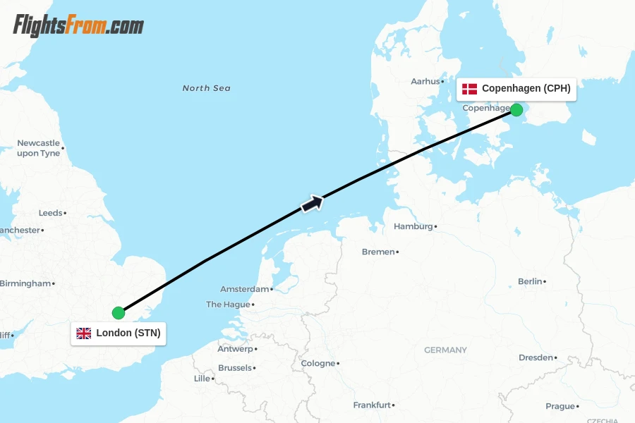 Flights from London to Copenhagen route map