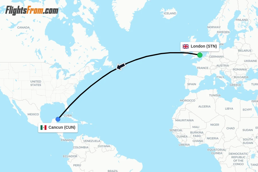 Flights from London to Cancun route map