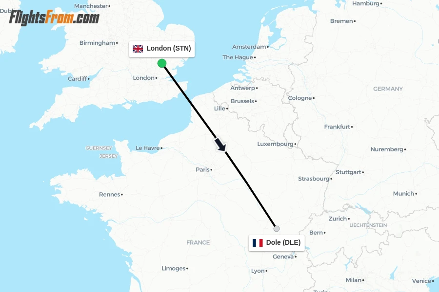 Flights from London to Dole route map