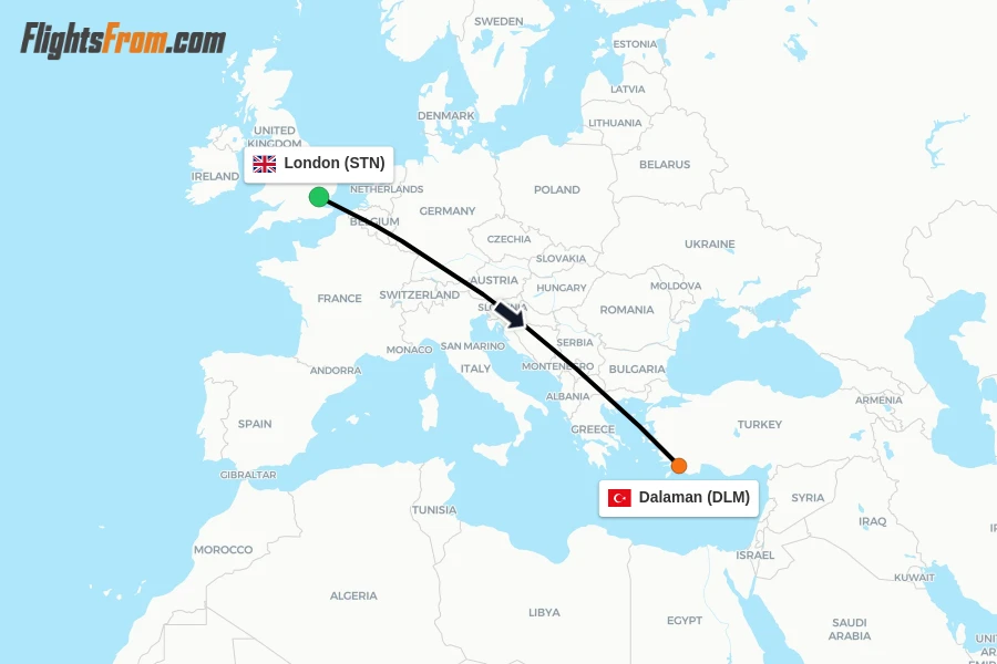 Flights from London to Dalaman route map